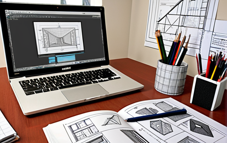 **
A well-organized study space with architectural design books, sketches, a laptop displaying CAD software, and drafting tools. Emphasis on a syllabus, past papers, and a timer, showcasing exam preparation for an "Indoor Architect Licensing Exam." Focus on the concept of understanding the syllabus and setting deadlines.
**