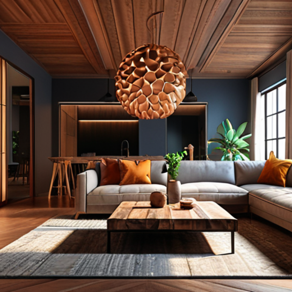 A 3D rendering of an interior design project, showcasing lighting and textures, created using Lumion or V-Ray software. The design should look appealing and realistic.