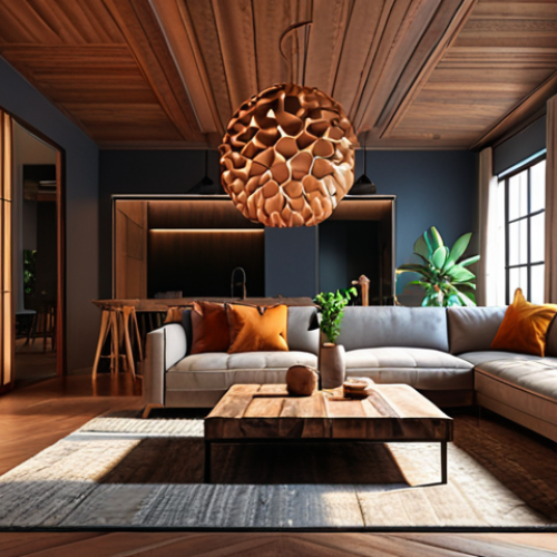 Home 14 A 3D rendering of an interior design project, showcasing lighting and textures, created using Lumion or V-Ray software. The design should look appealing and realistic.