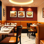 **A brightly lit, modern restaurant interior. Focus on the warm lighting creating a pleasant atmosphere, highlighting the food. Consider light reflection from wall colors and furniture.**