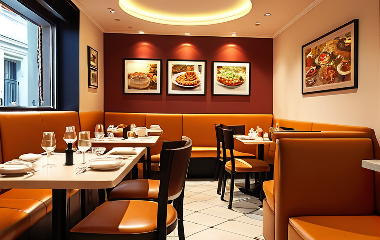 **A brightly lit, modern restaurant interior. Focus on the warm lighting creating a pleasant atmosphere, highlighting the food. Consider light reflection from wall colors and furniture.**
