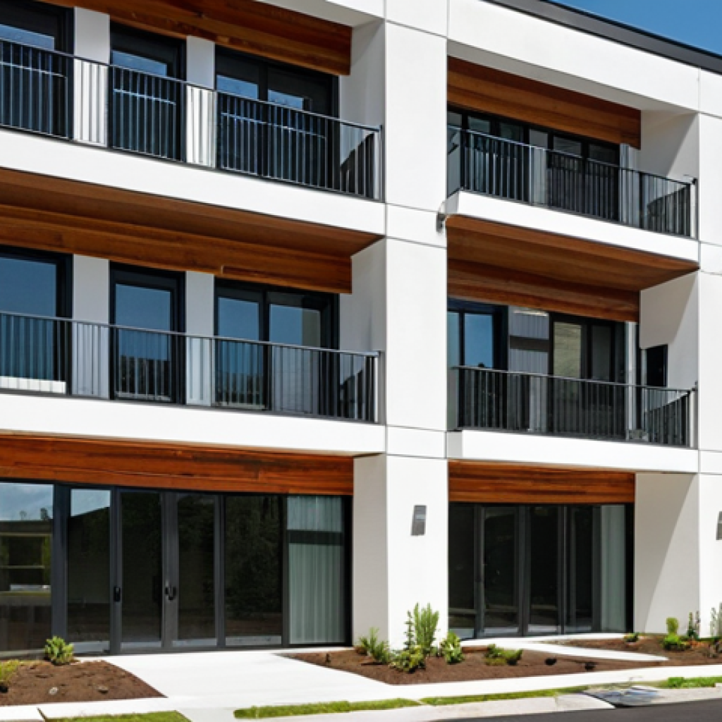 A modern, secure, and sustainable residential building exterior, showcasing architectural lines that emphasize safety and longevity. The design should feature ample natural light integration through large windows, subtle emergency exit markings, and visible green elements like rooftop solar panels or integrated rainwater harvesting systems. The overall aesthetic should convey structural stability, adherence to building codes, and an environmentally conscious design in a contemporary urban setting.