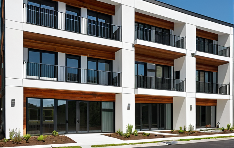 A modern, secure, and sustainable residential building exterior, showcasing architectural lines that emphasize safety and longevity. The design should feature ample natural light integration through large windows, subtle emergency exit markings, and visible green elements like rooftop solar panels or integrated rainwater harvesting systems. The overall aesthetic should convey structural stability, adherence to building codes, and an environmentally conscious design in a contemporary urban setting.