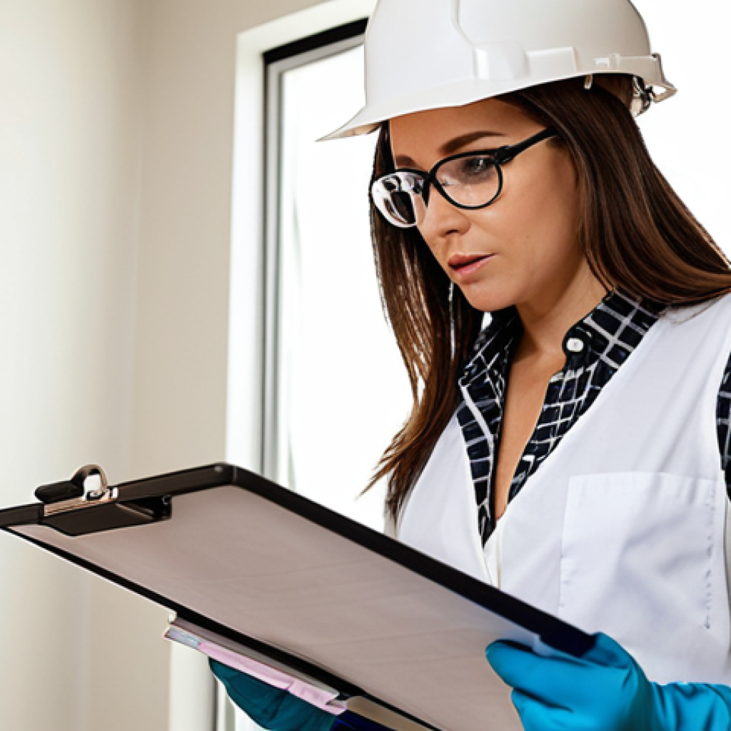 A female interior designer, focused and professional, stands on a clean and organized interior design construction site. She is carefully reviewing a safety checklist on a clipboard, with blueprints laid out beside her. She wears clear safety glasses and work gloves, embodying foresight and meticulous planning before work begins. The scene is brightly lit, emphasizing a well-prepared and safe environment.