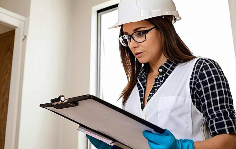 A female interior designer, focused and professional, stands on a clean and organized interior design construction site. She is carefully reviewing a safety checklist on a clipboard, with blueprints laid out beside her. She wears clear safety glasses and work gloves, embodying foresight and meticulous planning before work begins. The scene is brightly lit, emphasizing a well-prepared and safe environment.