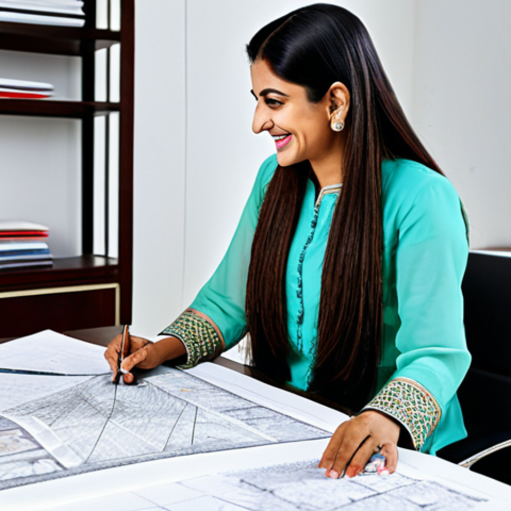 **
"A professional interior designer, fully clothed in a modest salwar kameez, smiling warmly while presenting design plans to a client in a bright, modern office. The office is filled with samples of fabrics and materials. Safe for work, appropriate content, perfect anatomy, natural pose, professional setting, family-friendly."
**