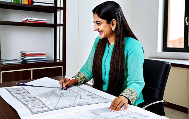 **
"A professional interior designer, fully clothed in a modest salwar kameez, smiling warmly while presenting design plans to a client in a bright, modern office. The office is filled with samples of fabrics and materials. Safe for work, appropriate content, perfect anatomy, natural pose, professional setting, family-friendly."
**