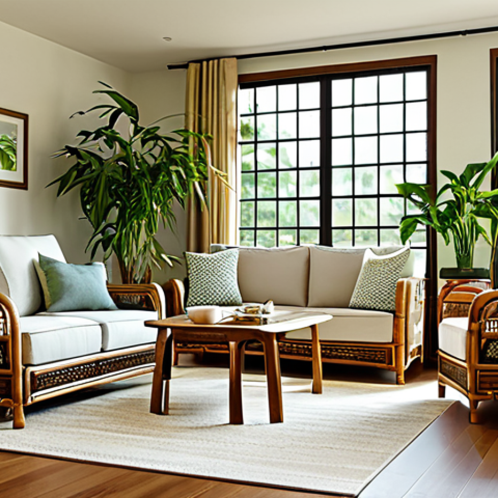"A cozy living room featuring bamboo furniture and woven rattan accents, with natural light streaming through the window. Indoor plants add a touch of nature. Fully clothed, appropriate attire, safe for work, perfect anatomy, natural proportions, professional photography, high quality, modest."