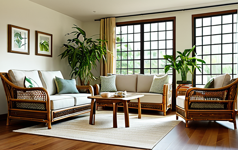 "A cozy living room featuring bamboo furniture and woven rattan accents, with natural light streaming through the window. Indoor plants add a touch of nature. Fully clothed, appropriate attire, safe for work, perfect anatomy, natural proportions, professional photography, high quality, modest."