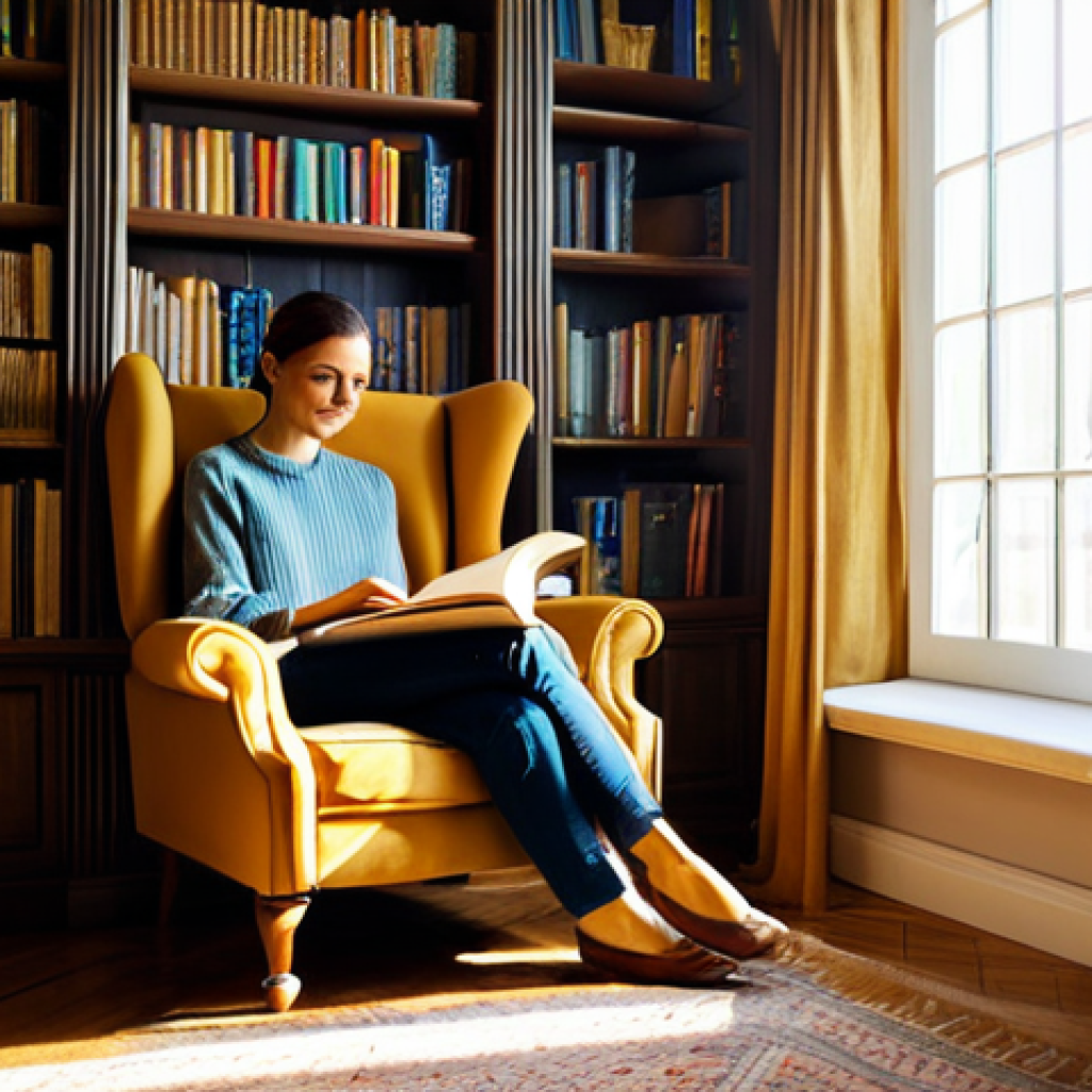 Cozy Reading Nook**
A fully clothed woman sits in a comfortable armchair in a sunlit reading nook, surrounded by bookshelves filled with books, modest decor, soft textures, warm lighting, a small side table with a cup of tea, safe for work, appropriate content, perfect anatomy, natural proportions, professional photography, high quality.
**