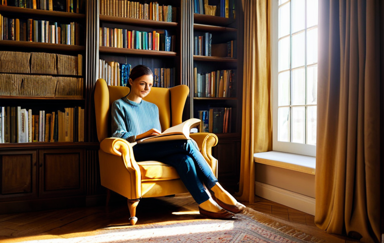 Cozy Reading Nook**
A fully clothed woman sits in a comfortable armchair in a sunlit reading nook, surrounded by bookshelves filled with books, modest decor, soft textures, warm lighting, a small side table with a cup of tea, safe for work, appropriate content, perfect anatomy, natural proportions, professional photography, high quality.
**