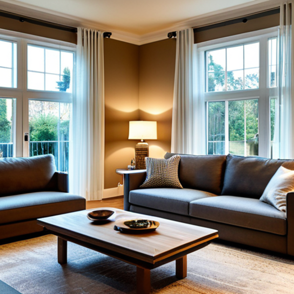 실내건축 실습 중 주의해야 할 사항 - "A beautifully lit living room, showcasing natural light streaming through sheer curtains onto a com...