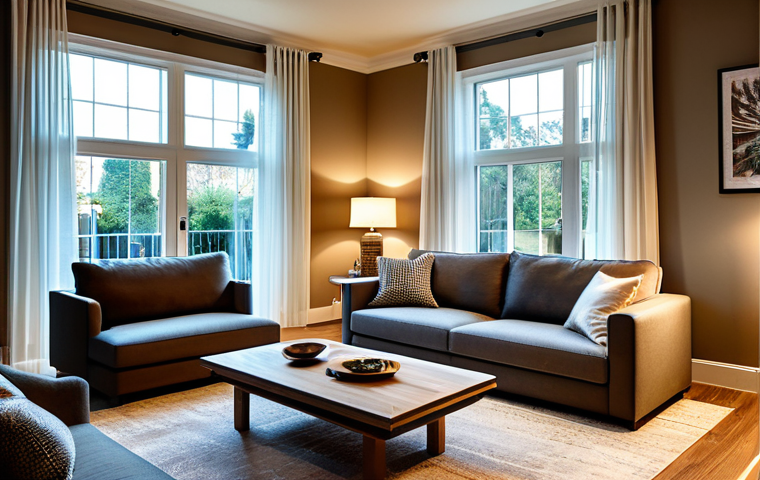 실내건축 실습 중 주의해야 할 사항 - "A beautifully lit living room, showcasing natural light streaming through sheer curtains onto a com...