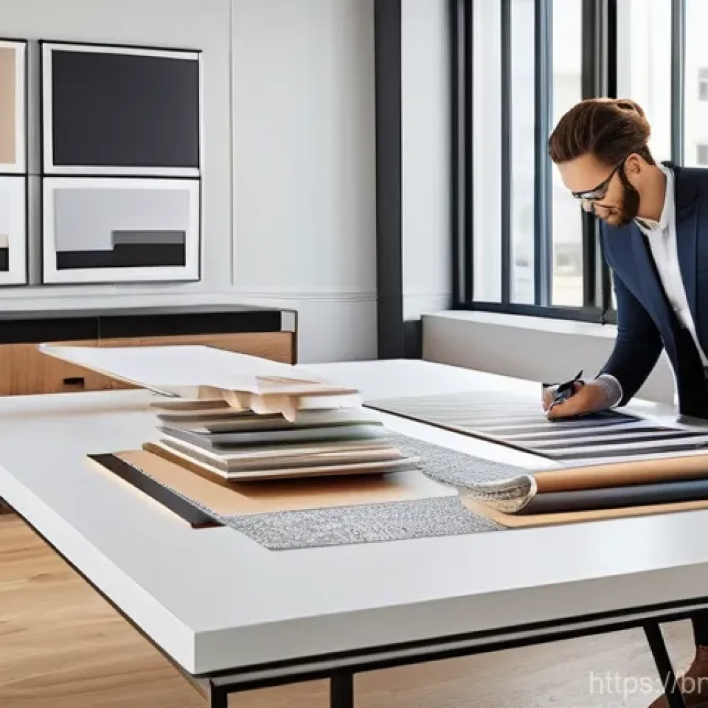 실내건축 실기 시험의 합격 비결들 - **Prompt:** A well-lit, modern interior design studio. A diverse group of professional interior desi...