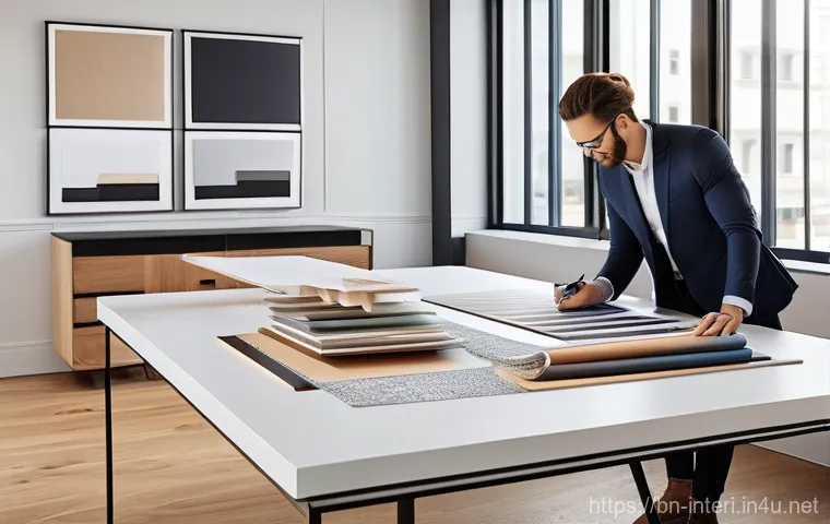 실내건축 실기 시험의 합격 비결들 - **Prompt:** A well-lit, modern interior design studio. A diverse group of professional interior desi...