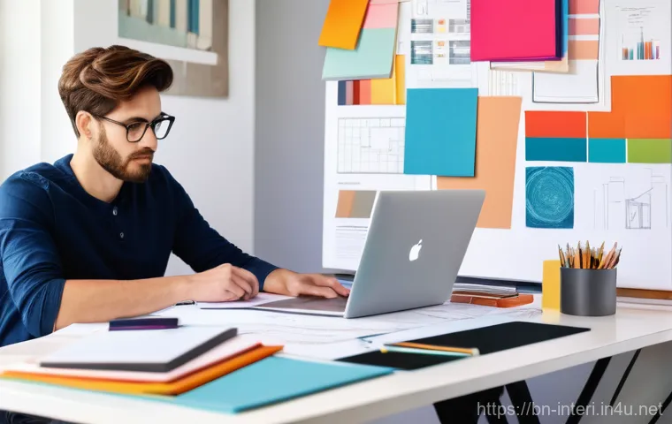 실내건축 자격증 공부 루틴 - **A focused young adult studying interior design in a bright, organized home office.** The individua...