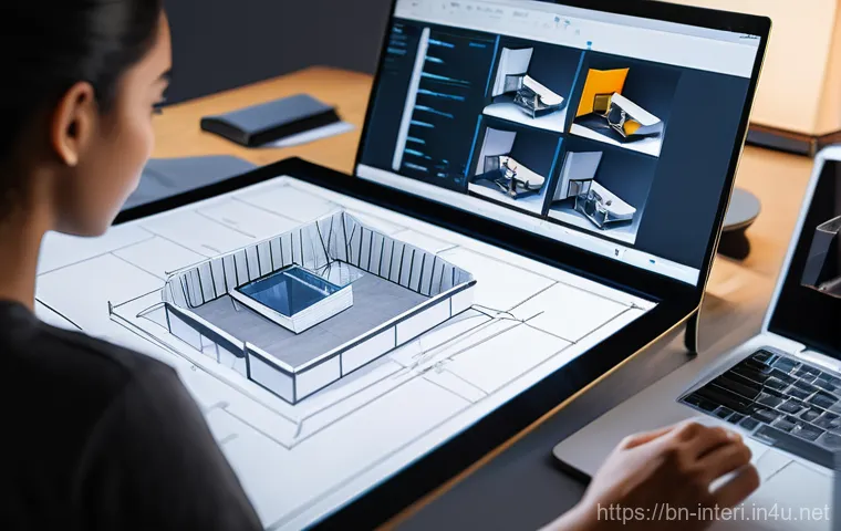 실내건축 자격증 공부 루틴 - **A focused young adult studying interior design in a bright, organized home office.** The individua...