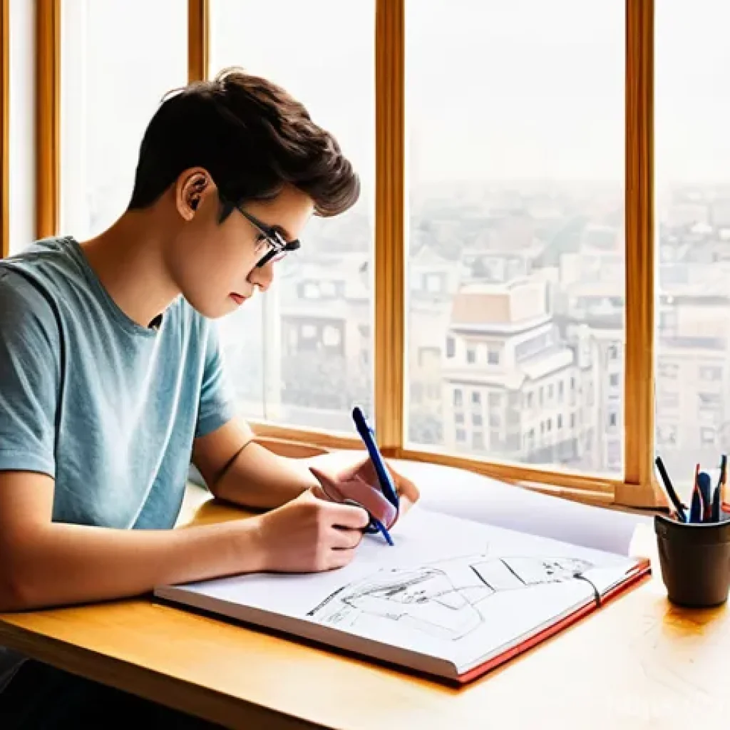 실내건축 실기 시험의 모범 사례 - **Prompt:** "A young adult interior design student, fully clothed in comfortable, modest casual wear...