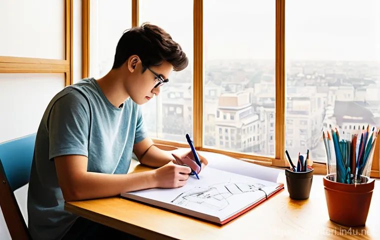 실내건축 실기 시험의 모범 사례 - **Prompt:** "A young adult interior design student, fully clothed in comfortable, modest casual wear...