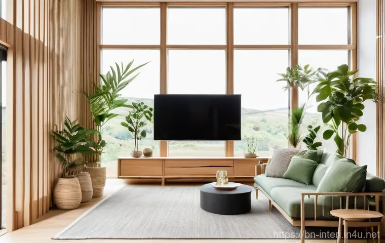 실내건축기사 자격증 준비 시 유의사항 - Prompt 1: Modern Sustainable Living Room with Smart Tech**