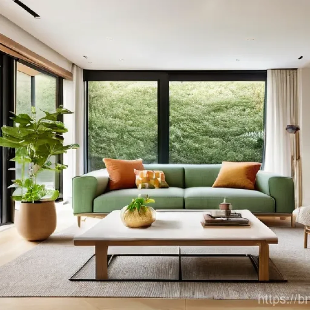 실내건축 실기 시험에서의 주요 평가 항목 - **Prompt:** A bright and airy modern living room designed with eco-friendly principles and smart hom...