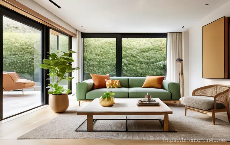 실내건축 실기 시험에서의 주요 평가 항목 - **Prompt:** A bright and airy modern living room designed with eco-friendly principles and smart hom...