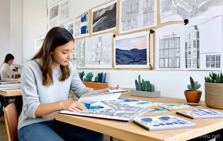 실내건축 전공자를 위한 스터디 팁 - **A passionate interior design student immersed in creative work.**
A bright, well-lit studio wo...