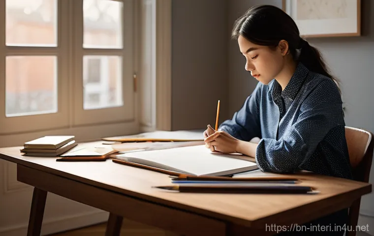 실내건축 실습에서 필요한 준비물 - **Prompt for Initial Sketching and Conceptualization:**
"A young, focused interior designer, dre...