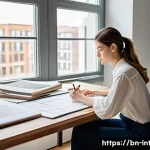 실내건축 실기 시험의 합격 비결 - A focused and determined female interior design student, in her early twenties, is seated comfortabl...