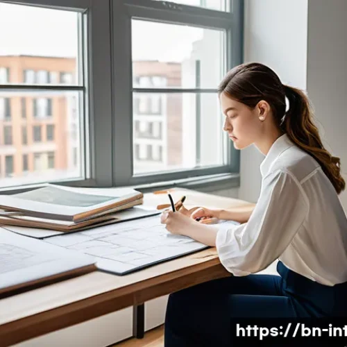 Home 27 실내건축 실기 시험의 합격 비결 - A focused and determined female interior design student, in her early twenties, is seated comfortabl...