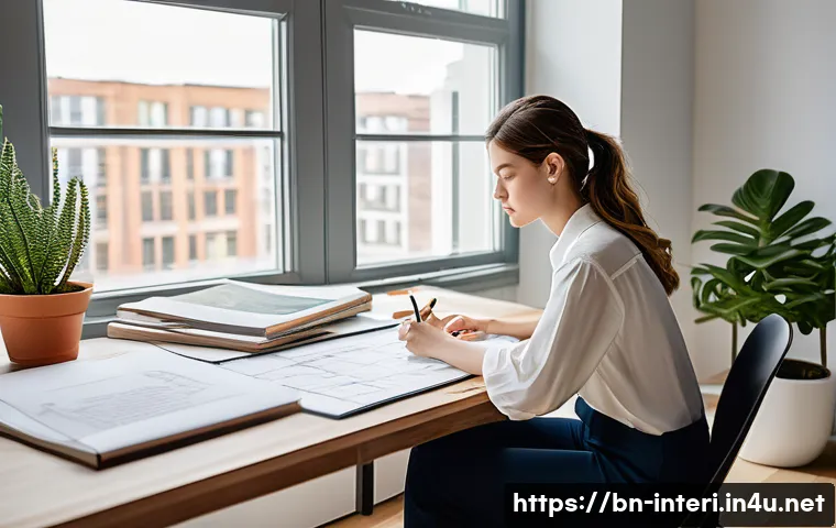 실내건축 실기 시험의 합격 비결 - A focused and determined female interior design student, in her early twenties, is seated comfortabl...