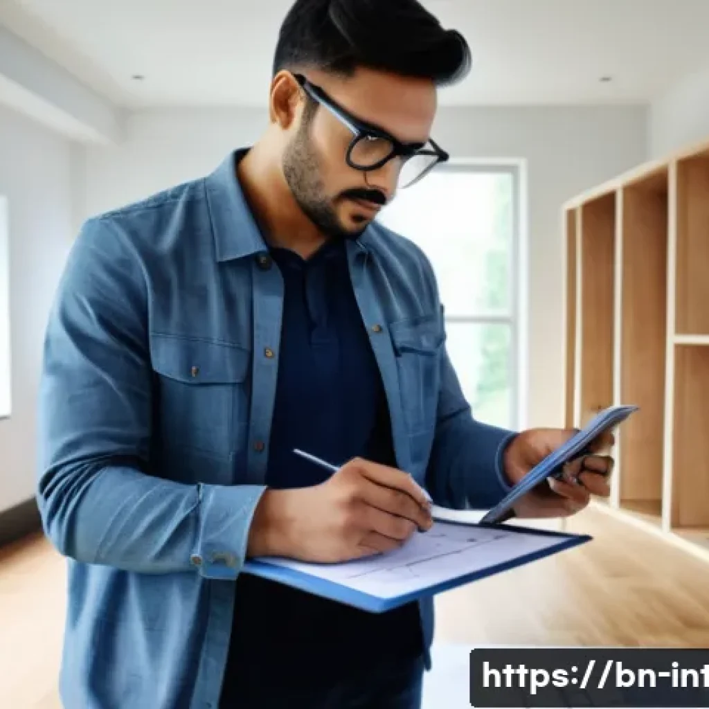 실내건축 실습 중 발생할 수 있는 문제 해결법 - A professional indoor architect carefully measuring a room with a laser measure device and a digital...