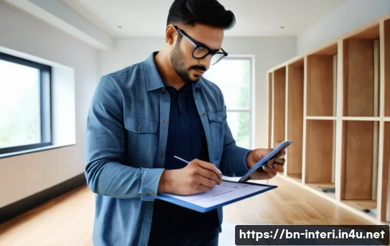 실내건축 실습 중 발생할 수 있는 문제 해결법 - A professional indoor architect carefully measuring a room with a laser measure device and a digital...