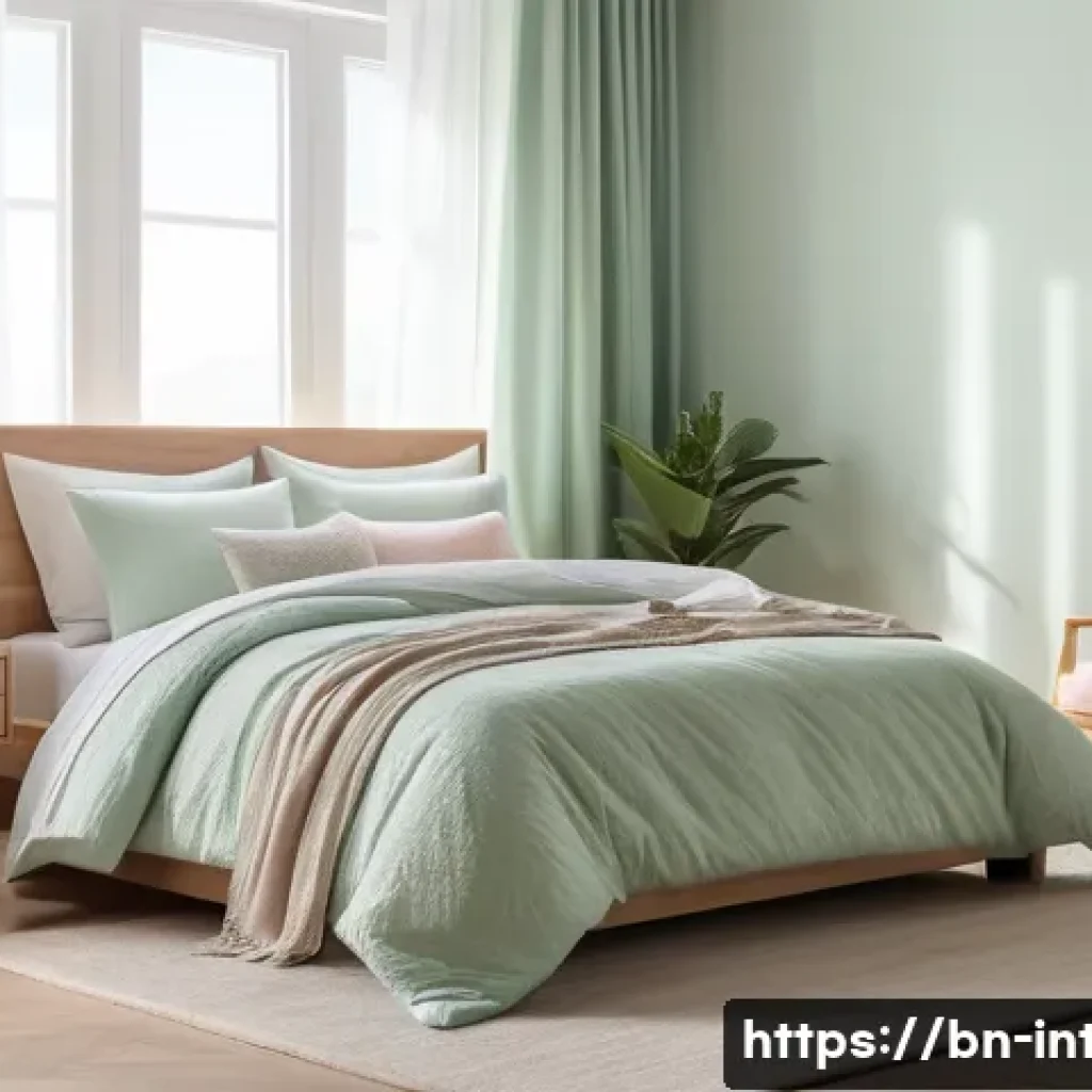 실내건축의 주요 디자인 원칙 - A serene and cozy bedroom interior featuring soft pastel colors such as light lavender, pale pink, a...