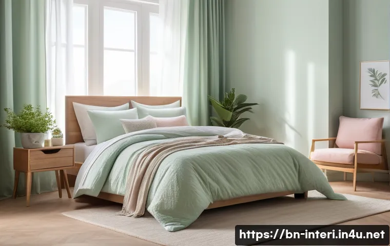 실내건축의 주요 디자인 원칙 - A serene and cozy bedroom interior featuring soft pastel colors such as light lavender, pale pink, a...