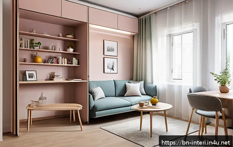 실내건축과 공간 활용 설계 - A compact, modern small apartment interior emphasizing smart storage solutions with multifunctional ...