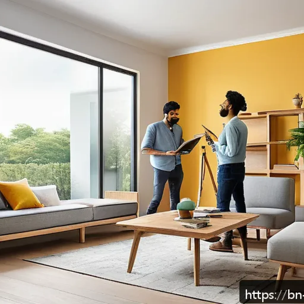실내건축 실습에서 배우는 협업의 중요성 - A collaborative interior design team working together in a modern living room setting, featuring a c...