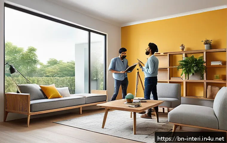 실내건축 실습에서 배우는 협업의 중요성 - A collaborative interior design team working together in a modern living room setting, featuring a c...