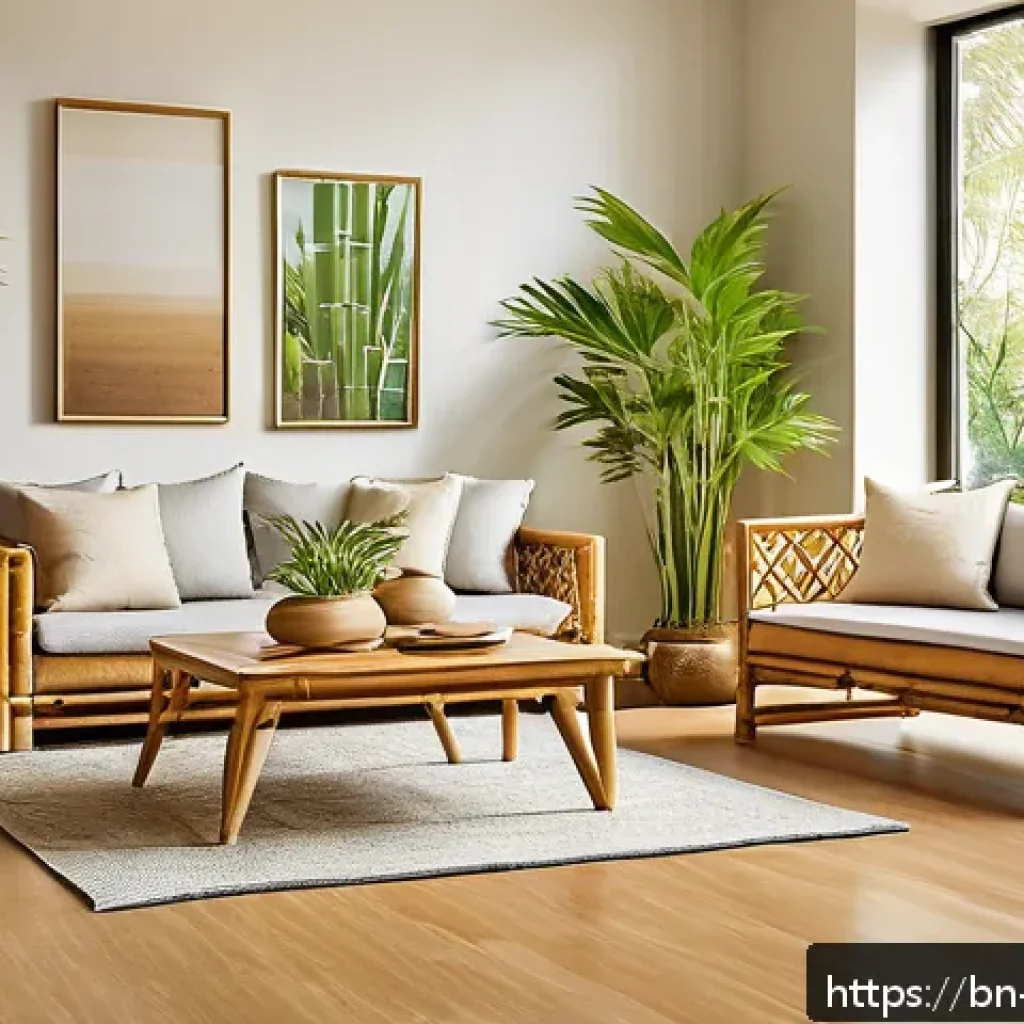 실내건축의 소재 선택과 응용 - A modern, eco-friendly living room featuring bamboo furniture with natural textures and light earthy...