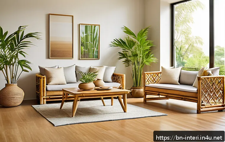 실내건축의 소재 선택과 응용 - A modern, eco-friendly living room featuring bamboo furniture with natural textures and light earthy...