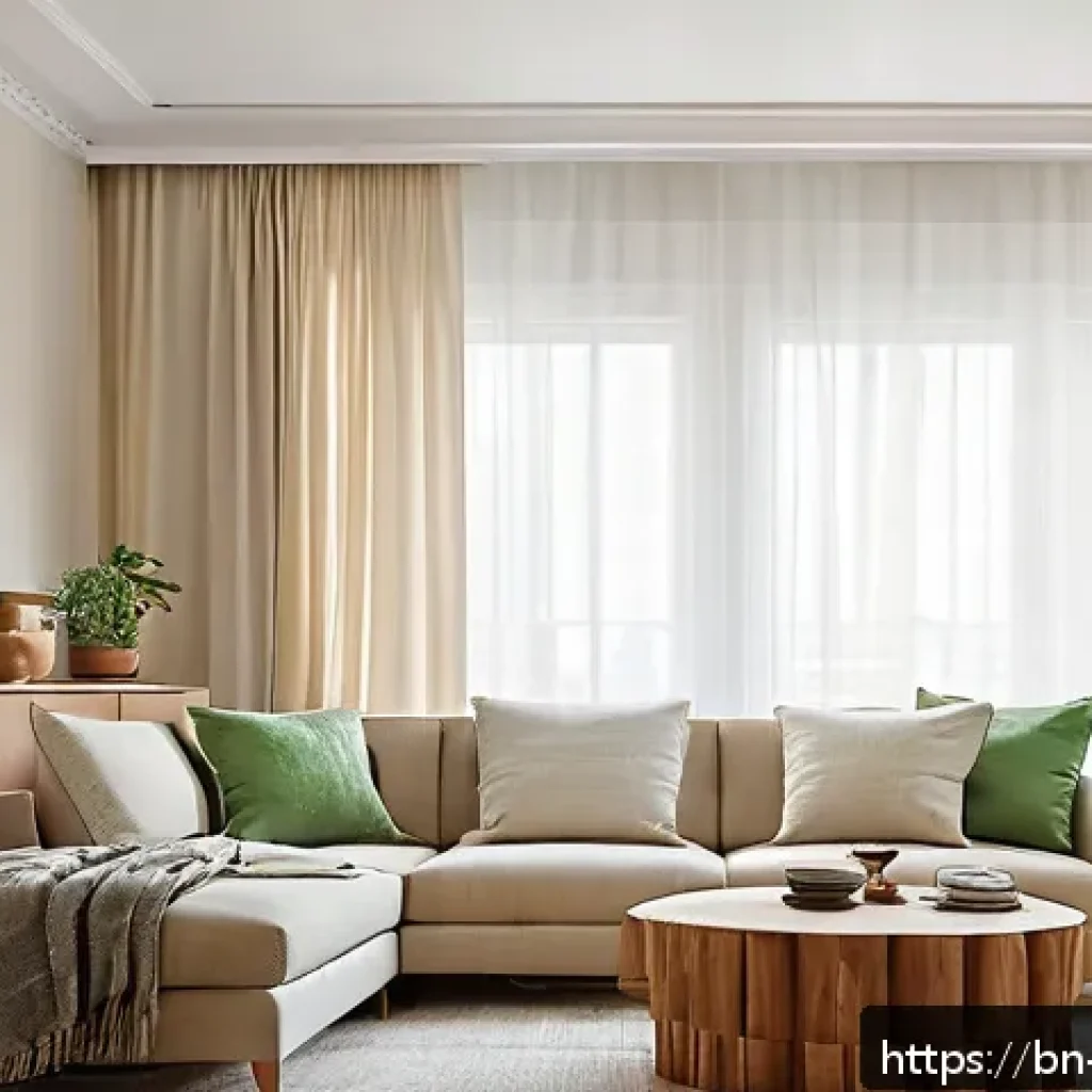 실내건축 디자인의 기본 원리 - A cozy living room bathed in natural daylight streaming through large windows dressed with light, sh...