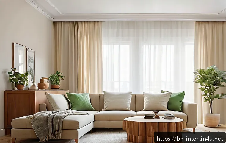 실내건축 디자인의 기본 원리 - A cozy living room bathed in natural daylight streaming through large windows dressed with light, sh...