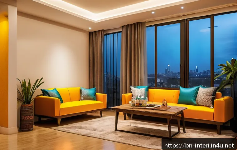 실내건축과 건축 디자인의 차별점 - A vibrant and modern interior design of a small urban apartment showcasing creative use of color, na...