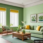 실내건축의 중요 과목과 학습법 - A cozy living room interior showcasing the psychological effects of color in Bengali culture, featur...