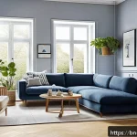 실내건축 업무 사례 공유 - A modern living room interior featuring a sophisticated color palette of deep blue and light gray wa...