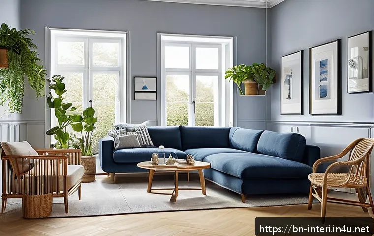 실내건축 업무 사례 공유 - A modern living room interior featuring a sophisticated color palette of deep blue and light gray wa...