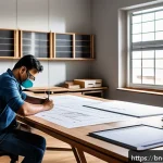 실내건축 실기 시험 준비를 위한 체크리스트 - A detailed indoor architecture design studio scene featuring a Bengali architect at work, wearing sm...