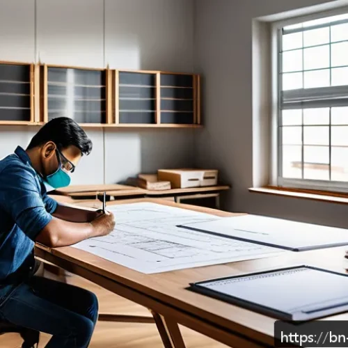 실내건축 실기 시험 준비를 위한 체크리스트 - A detailed indoor architecture design studio scene featuring a Bengali architect at work, wearing sm...