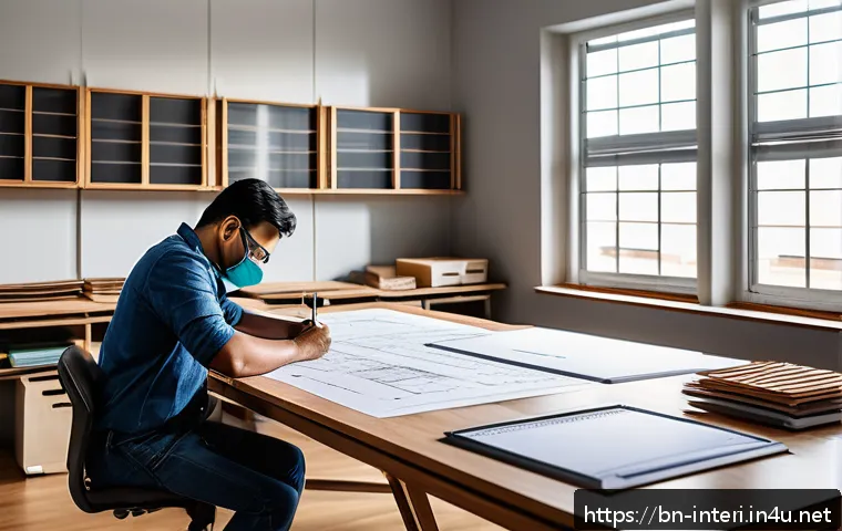 실내건축 실기 시험 준비를 위한 체크리스트 - A detailed indoor architecture design studio scene featuring a Bengali architect at work, wearing sm...