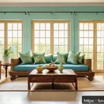 실내건축 디자인과 시공의 차이 - A serene living room interior designed for a Bengali family home, featuring walls painted in soft pa...